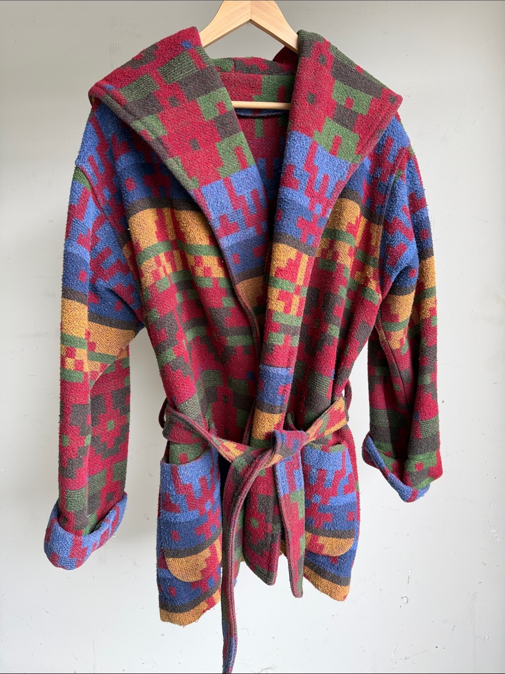 Colorful Geometric Hooded Belted Cardigan